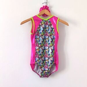 NWOT Balera Neon Metallic Pink Green Dance Gymnastics Leotard with Scrunchie